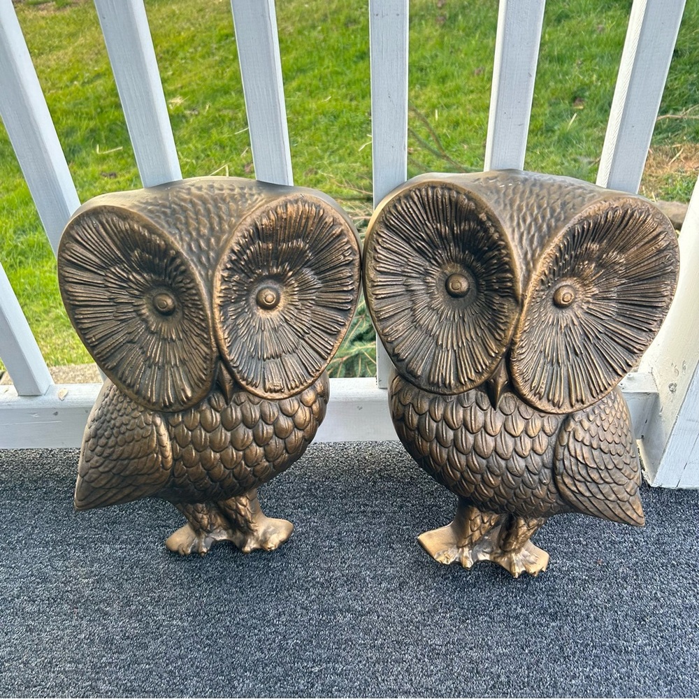 Vintage Mid Century Brass Owl Pair Decor RARE